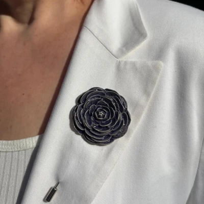 Dark Blue Ceramic Rose Brooch